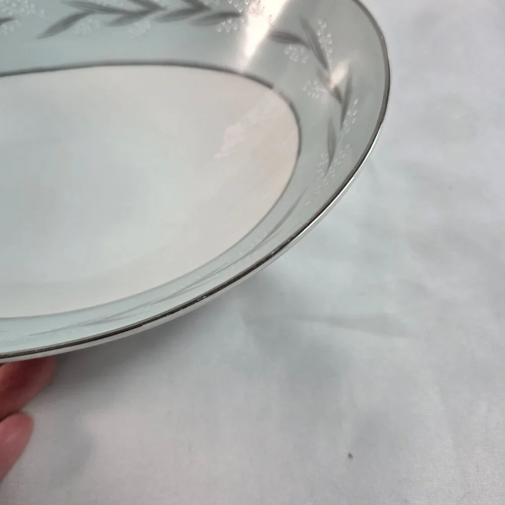 Noritake Sheldon Serving Bowl 10 Inch White with Aqua Band and White Flowers